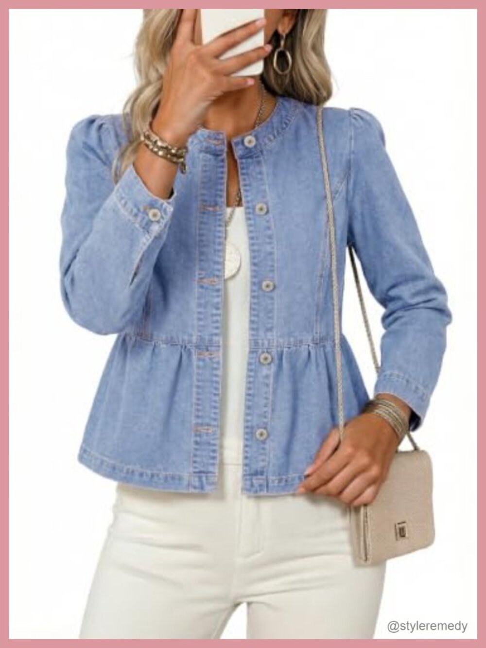 Cropped Peplum Denim Jacket Women Button Down Collarless Puff Sleeve Cotton